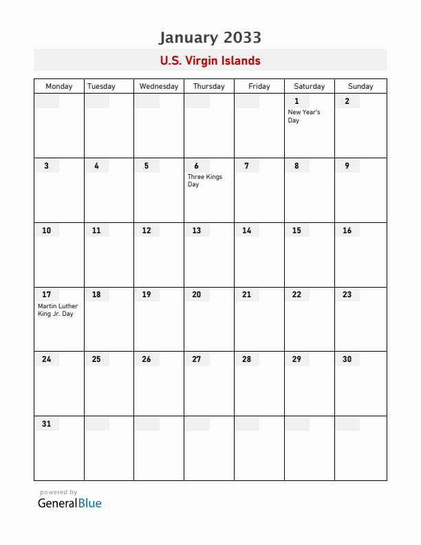 U.S. Virgin Islands January 2033 Calendar with Holidays