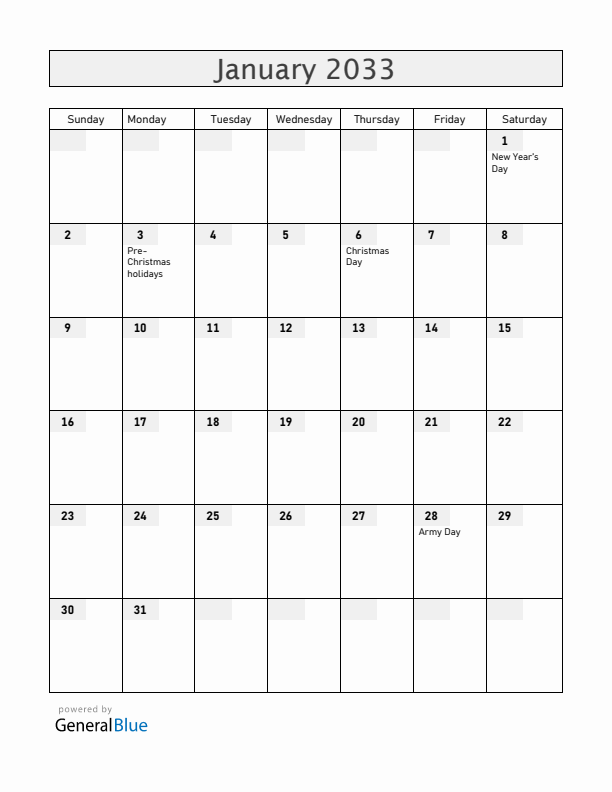 Armenia January 2033 Calendar with Holidays