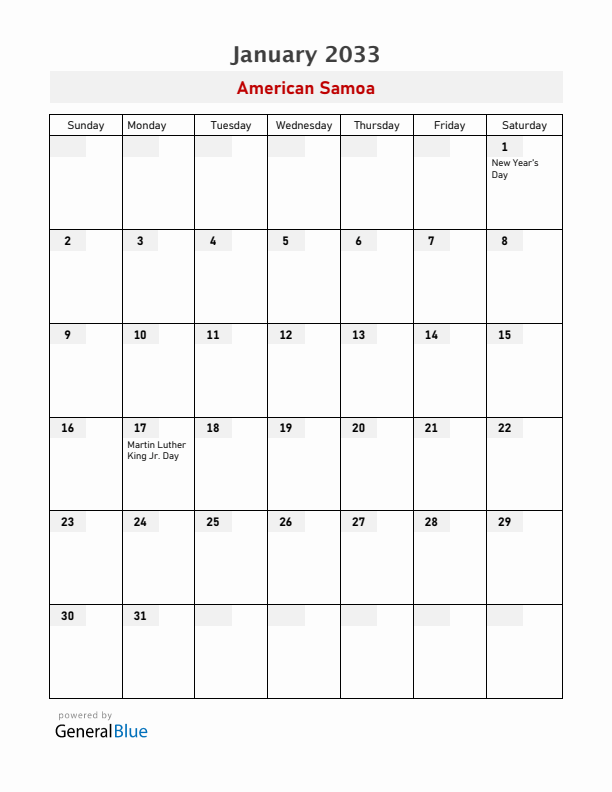 American Samoa January 2033 Calendar with Holidays