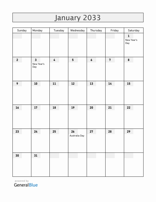 Australia January 2033 Calendar with Holidays