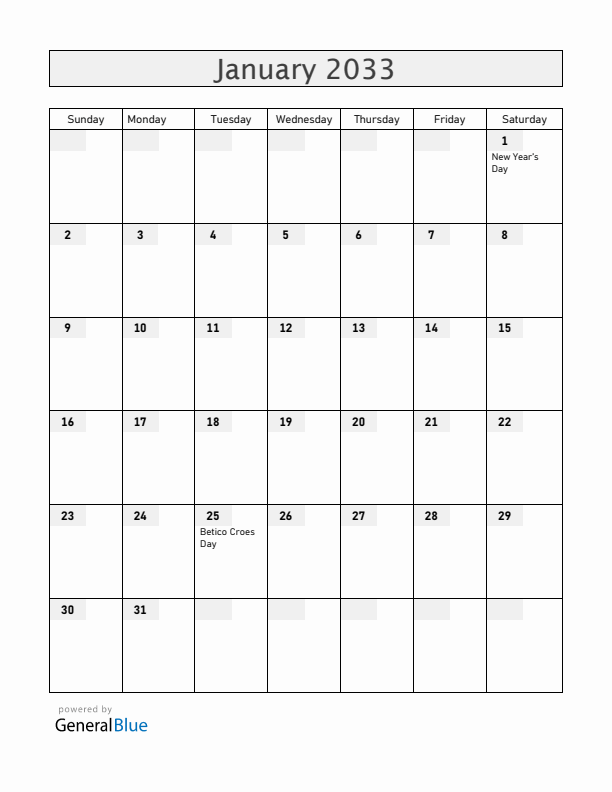 Aruba January 2033 Calendar with Holidays