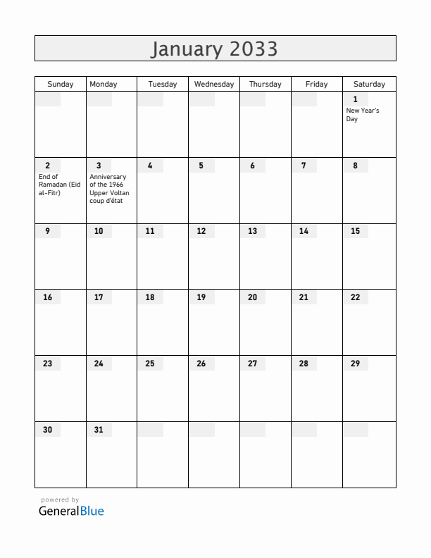 Burkina Faso January 2033 Calendar with Holidays