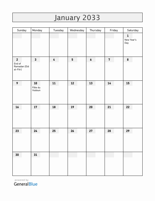 Benin January 2033 Calendar with Holidays