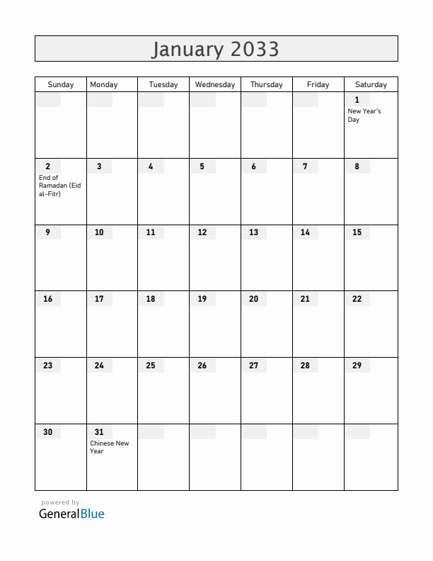 Brunei January 2033 Calendar with Holidays