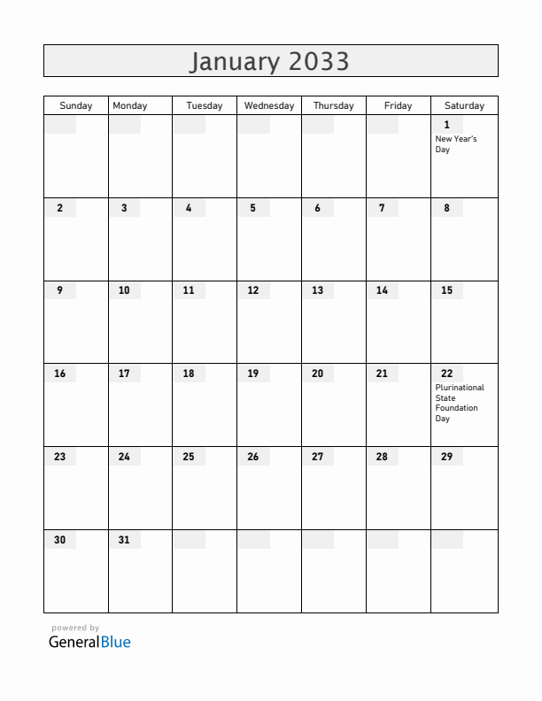 Bolivia January 2033 Calendar with Holidays