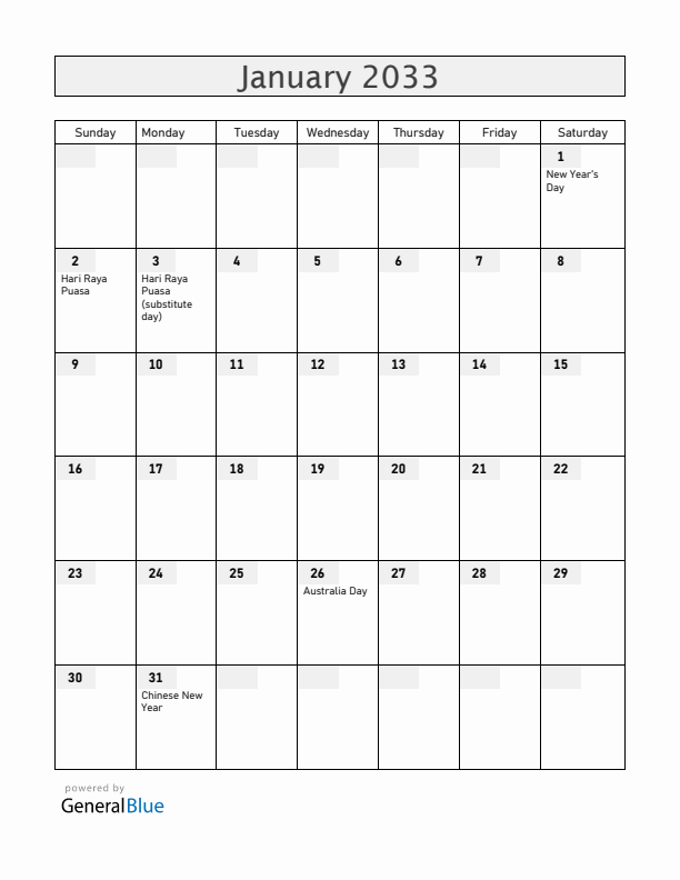 Cocos Islands January 2033 Calendar with Holidays