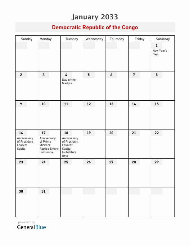 Democratic Republic of the Congo January 2033 Calendar with Holidays