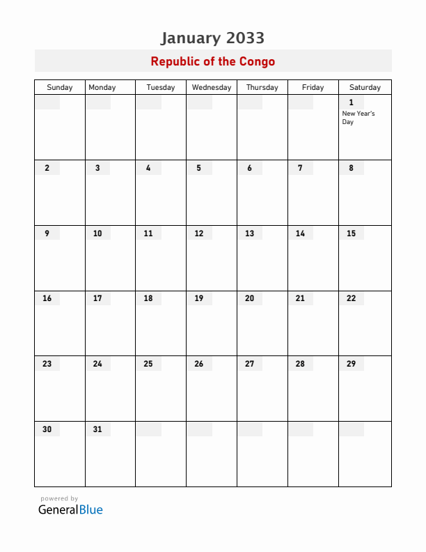 Republic of the Congo January 2033 Calendar with Holidays
