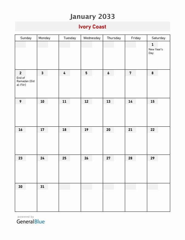Ivory Coast January 2033 Calendar with Holidays