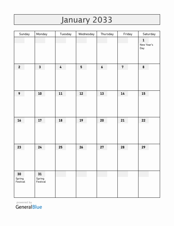 China January 2033 Calendar with Holidays