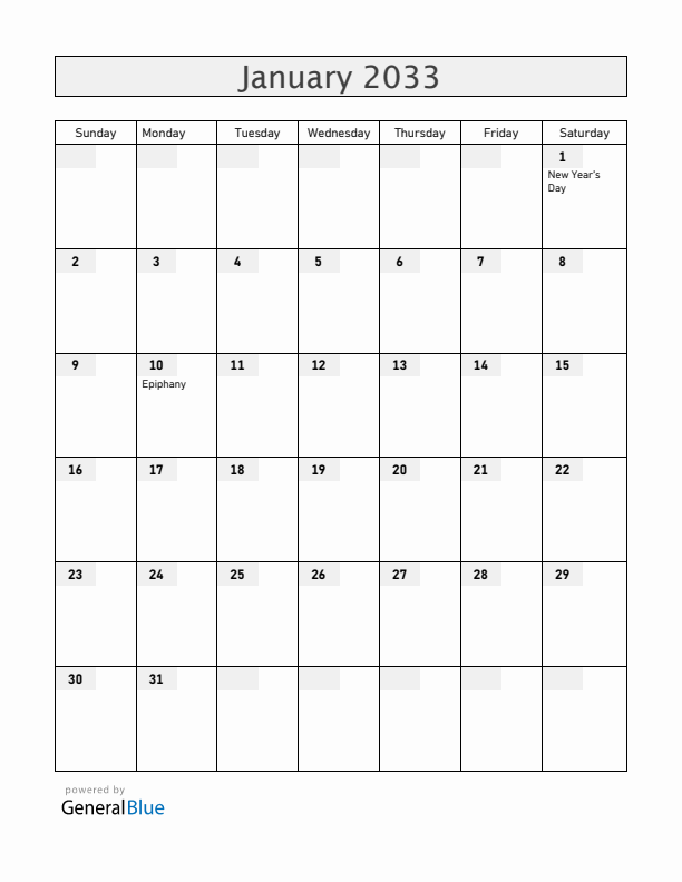 Colombia January 2033 Calendar with Holidays