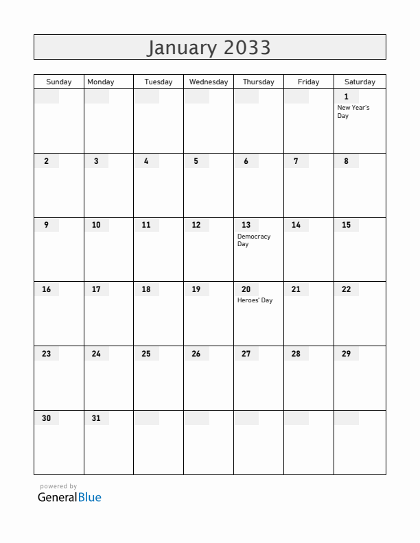 Cabo Verde January 2033 Calendar with Holidays