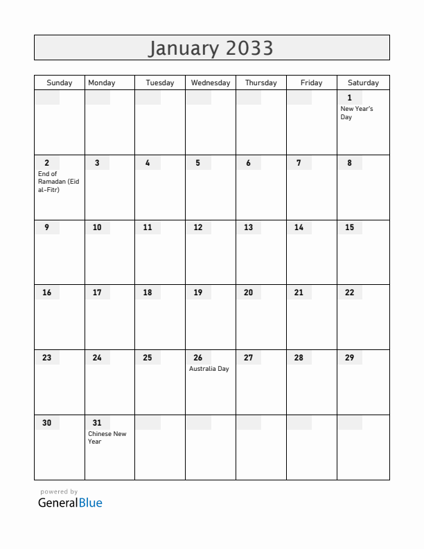 Christmas Island January 2033 Calendar with Holidays