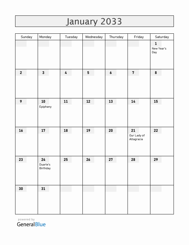 Dominican Republic January 2033 Calendar with Holidays