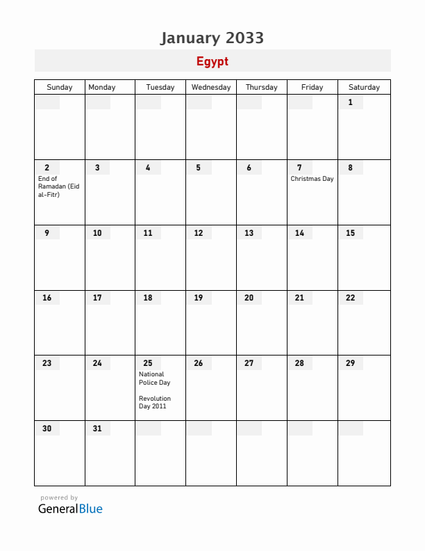 Egypt January 2033 Calendar with Holidays