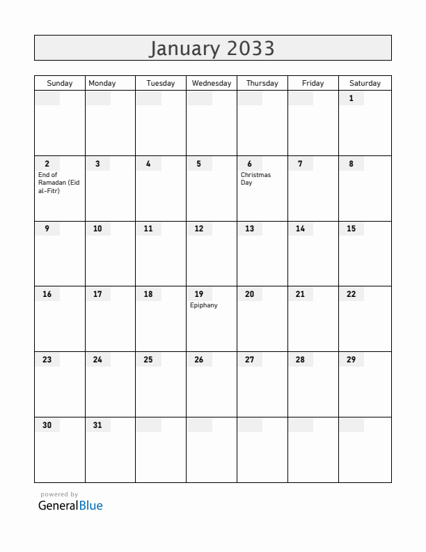 Ethiopia January 2033 Calendar with Holidays