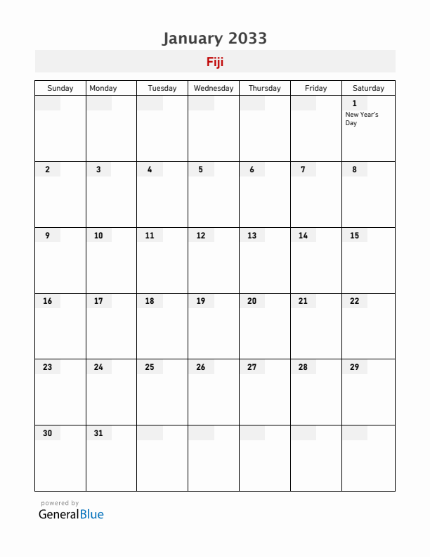 Fiji January 2033 Calendar with Holidays