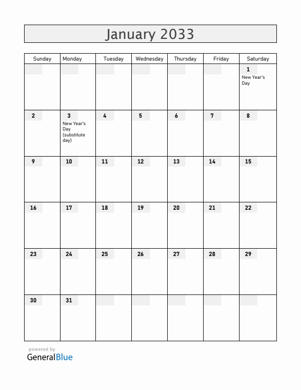 Guernsey January 2033 Calendar with Holidays