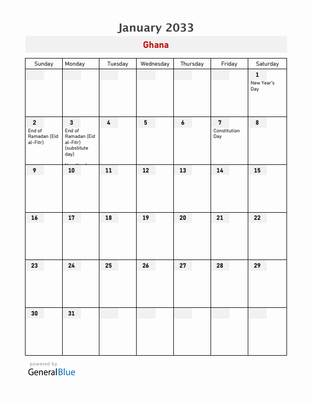 Ghana January 2033 Calendar with Holidays