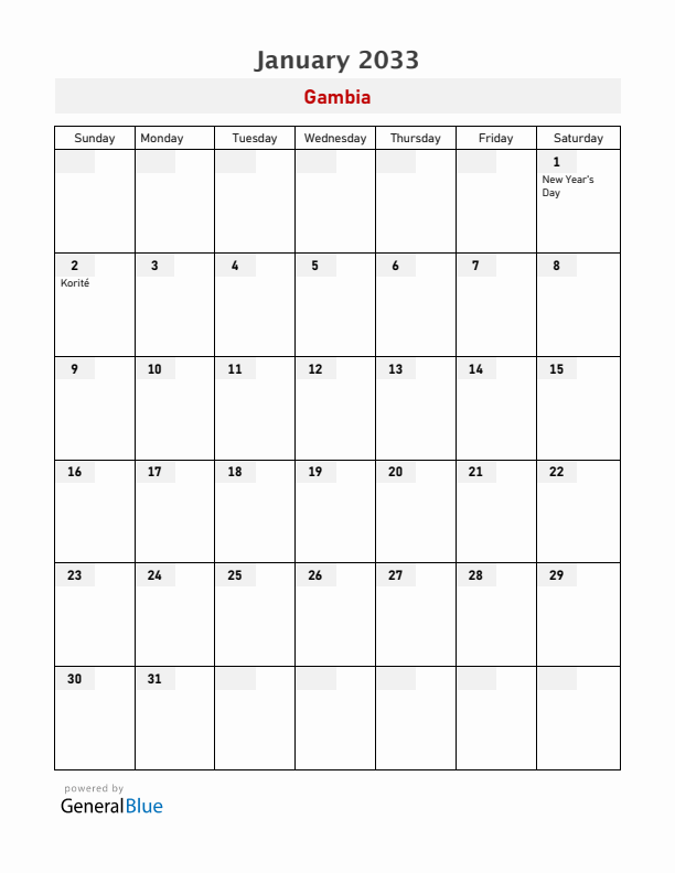 Gambia January 2033 Calendar with Holidays