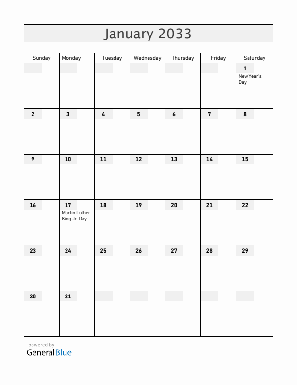 Guam January 2033 Calendar with Holidays