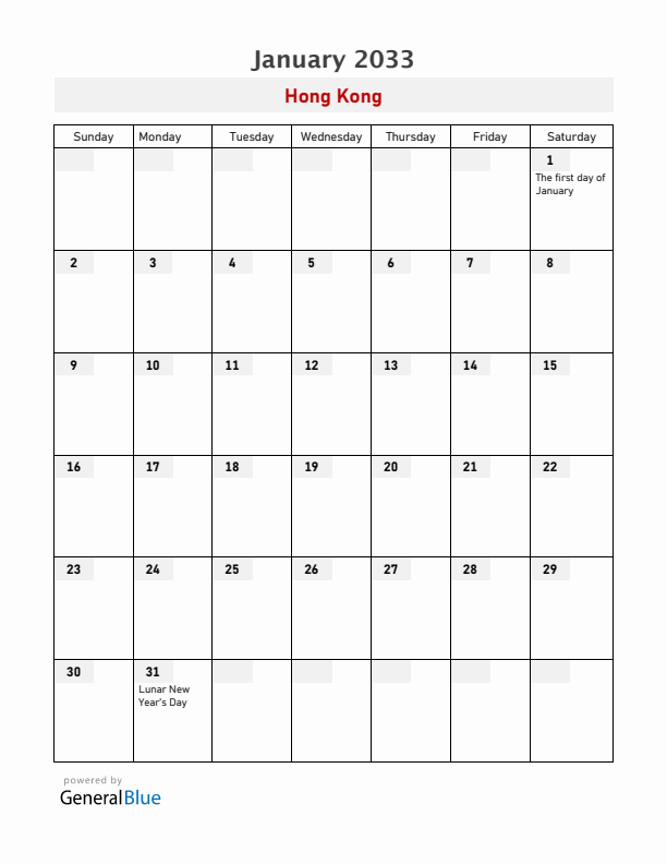 Hong Kong January 2033 Calendar with Holidays