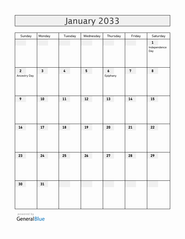 Haiti January 2033 Calendar with Holidays