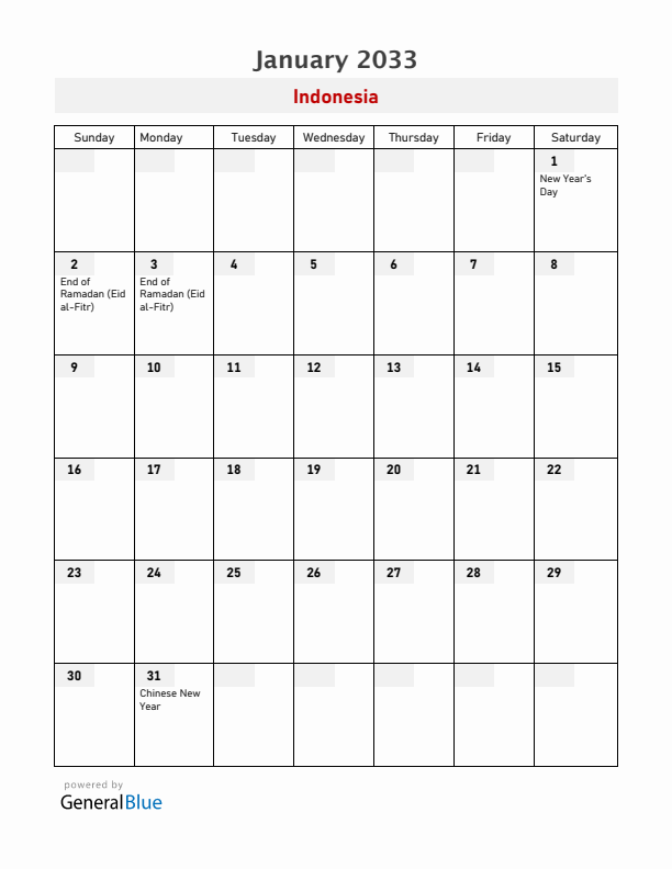 Indonesia January 2033 Calendar with Holidays