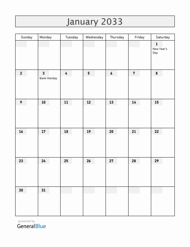 Ireland January 2033 Calendar with Holidays