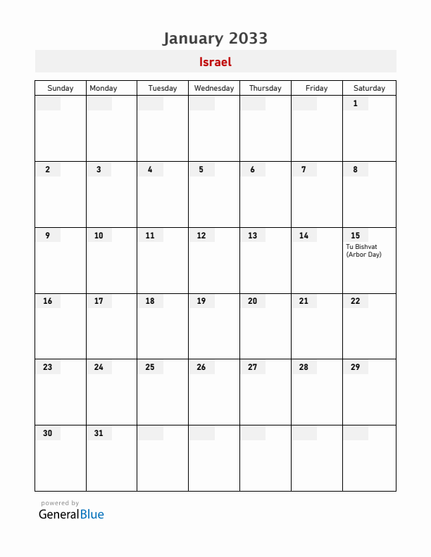 Israel January 2033 Calendar with Holidays