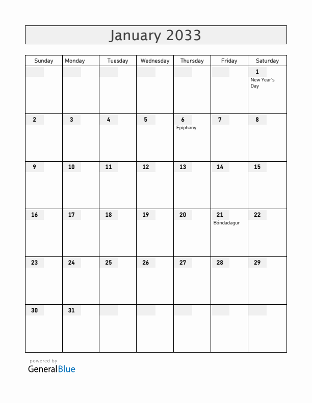 Iceland January 2033 Calendar with Holidays
