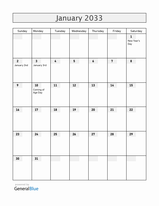Japan January 2033 Calendar with Holidays