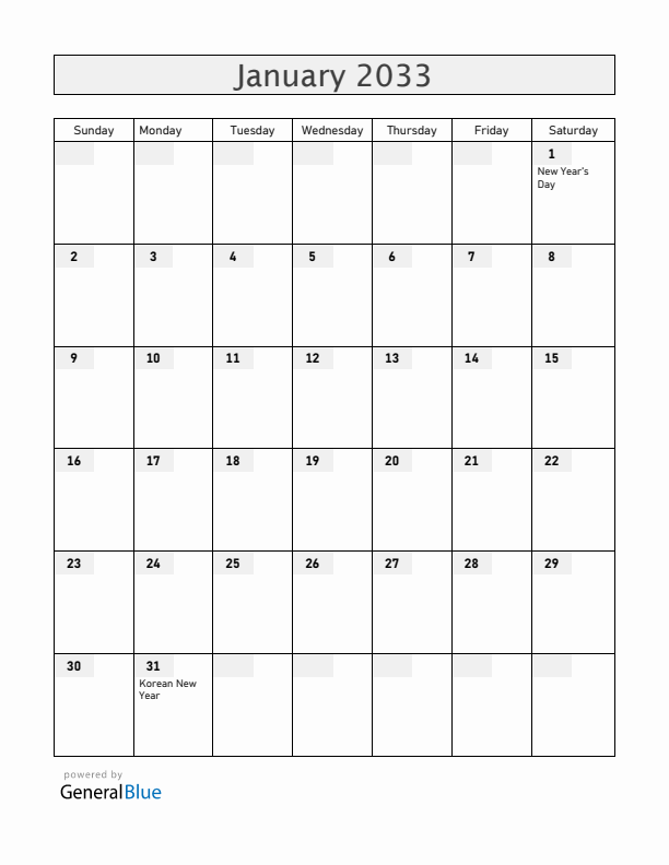 South Korea January 2033 Calendar with Holidays