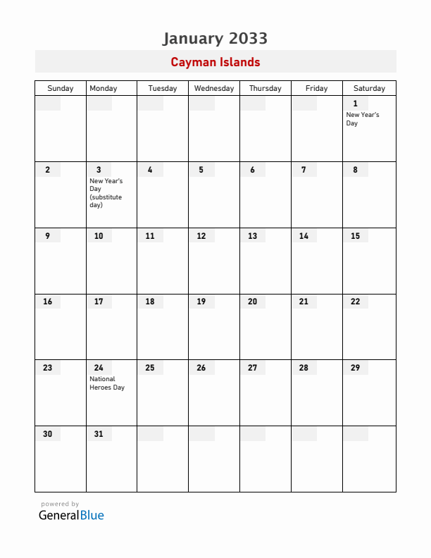 Cayman Islands January 2033 Calendar with Holidays