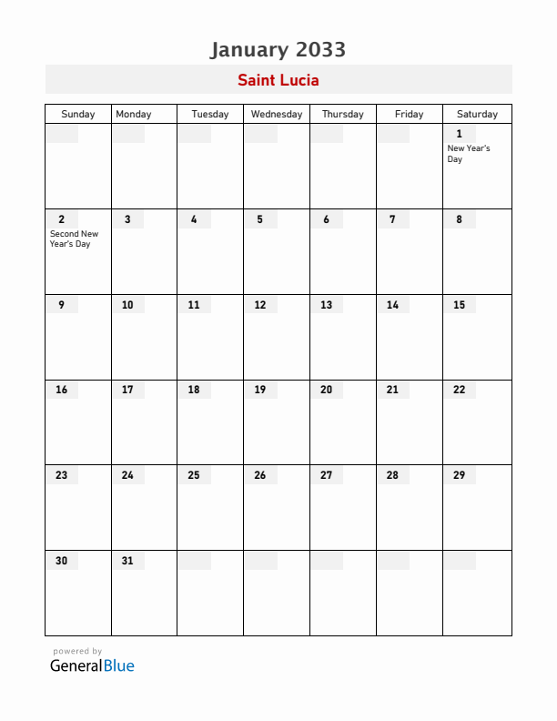 Saint Lucia January 2033 Calendar with Holidays
