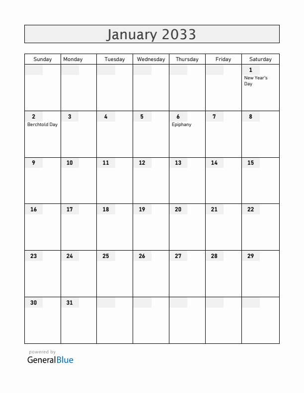 Liechtenstein January 2033 Calendar with Holidays