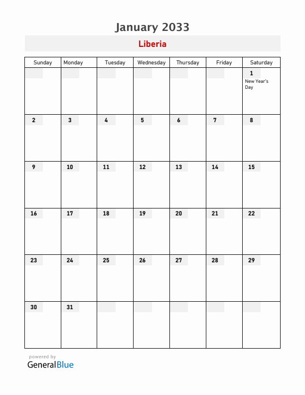 Liberia January 2033 Calendar with Holidays
