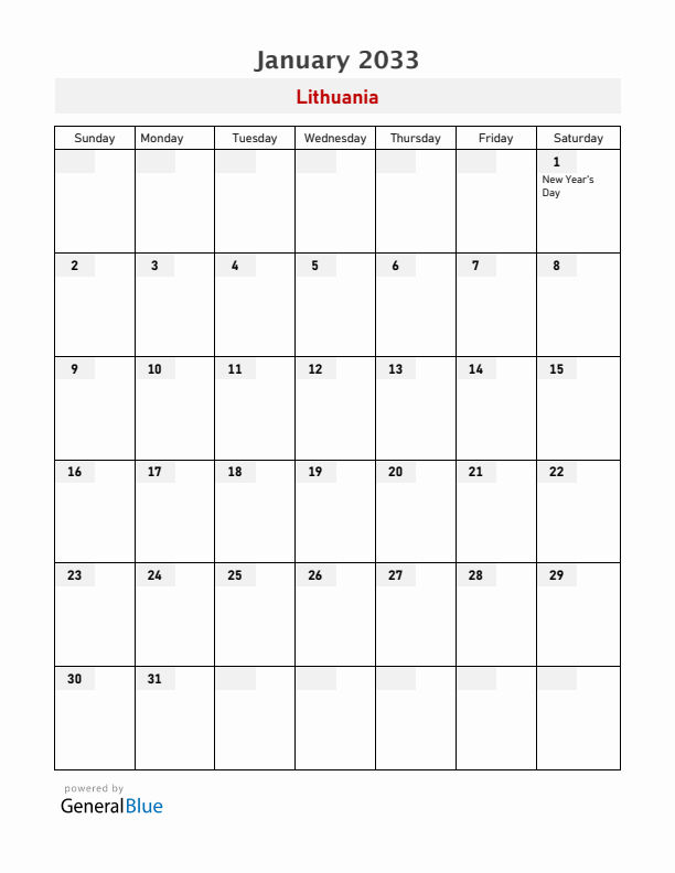 Lithuania January 2033 Calendar with Holidays