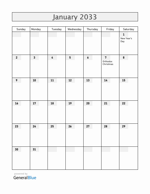 Moldova January 2033 Calendar with Holidays