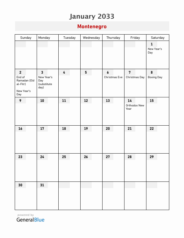 Montenegro January 2033 Calendar with Holidays