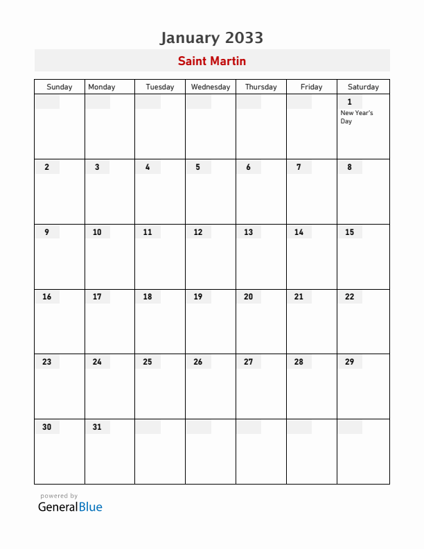 Saint Martin January 2033 Calendar with Holidays