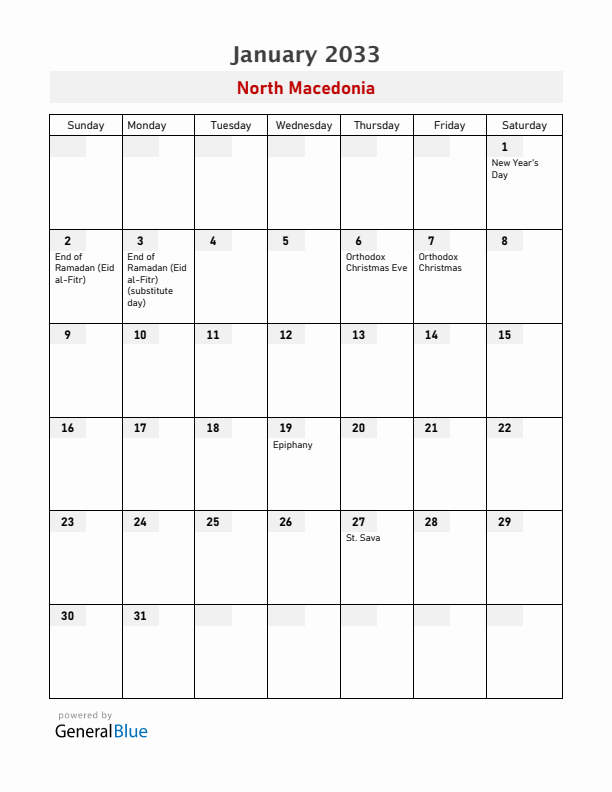 North Macedonia January 2033 Calendar with Holidays