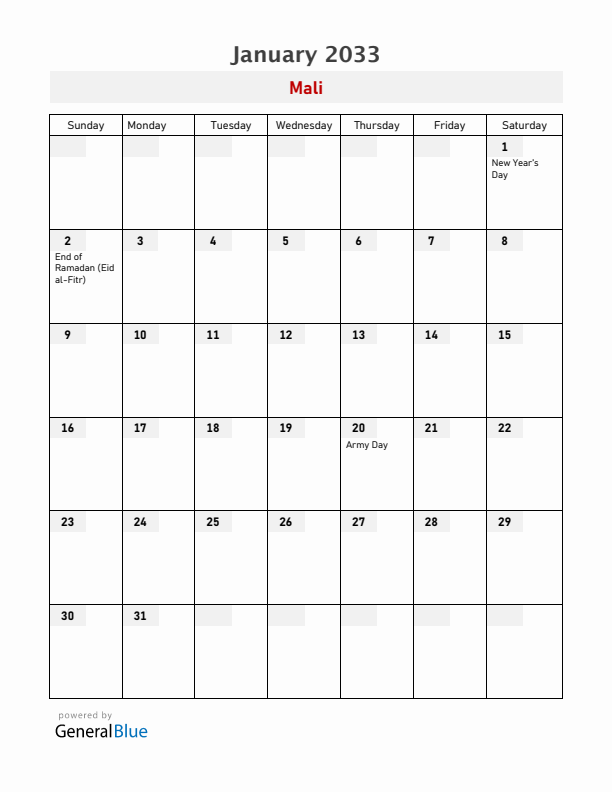 Mali January 2033 Calendar with Holidays