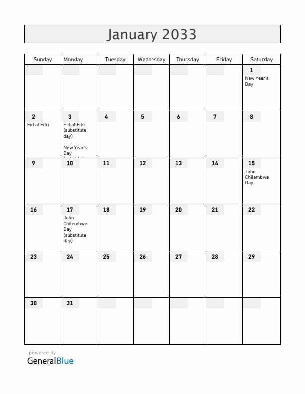 Malawi January 2033 Calendar with Holidays