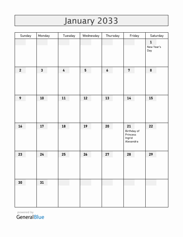 Norway January 2033 Calendar with Holidays