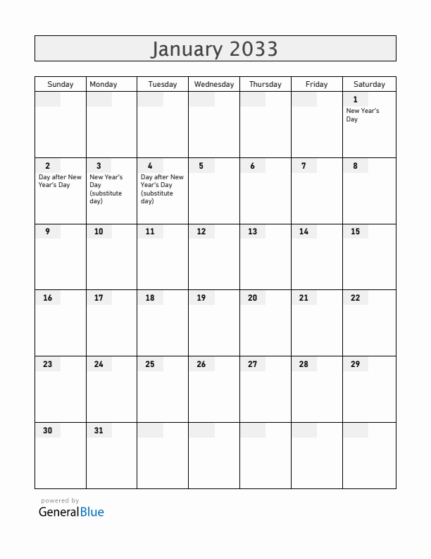 New Zealand January 2033 Calendar with Holidays
