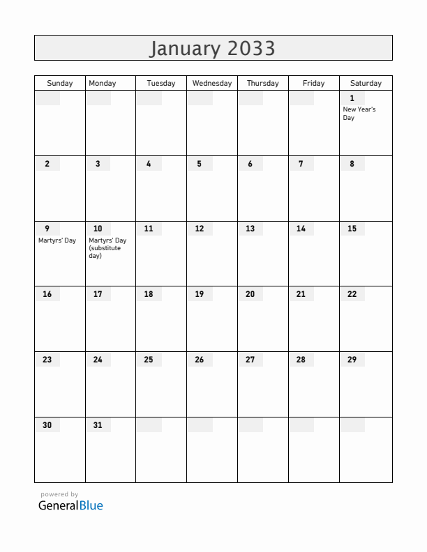 Panama January 2033 Calendar with Holidays