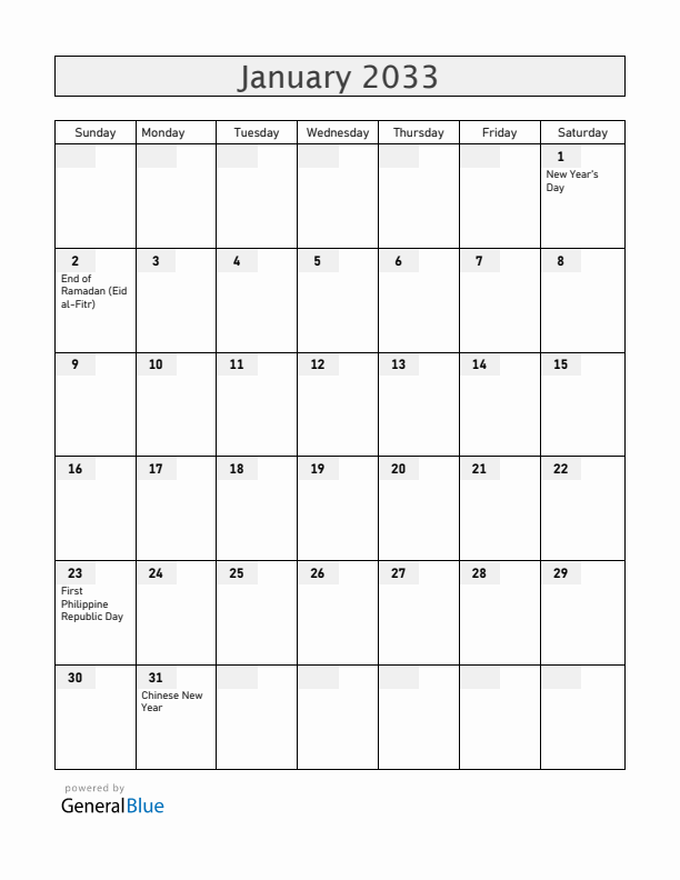 Philippines January 2033 Calendar with Holidays