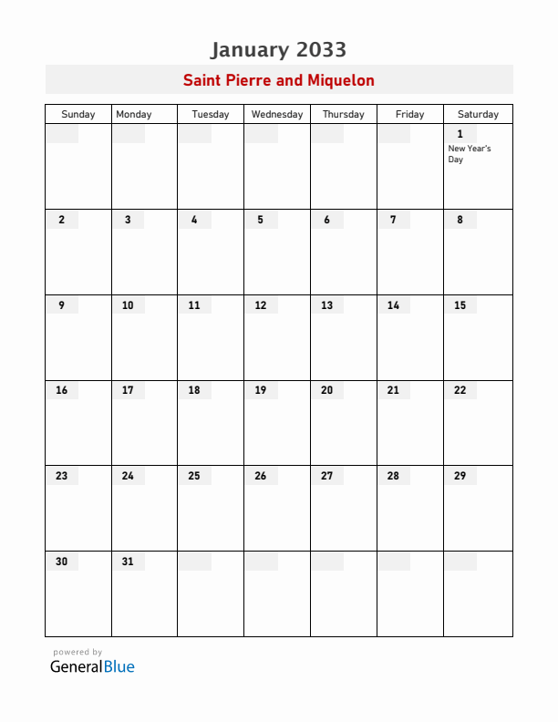 Saint Pierre and Miquelon January 2033 Calendar with Holidays