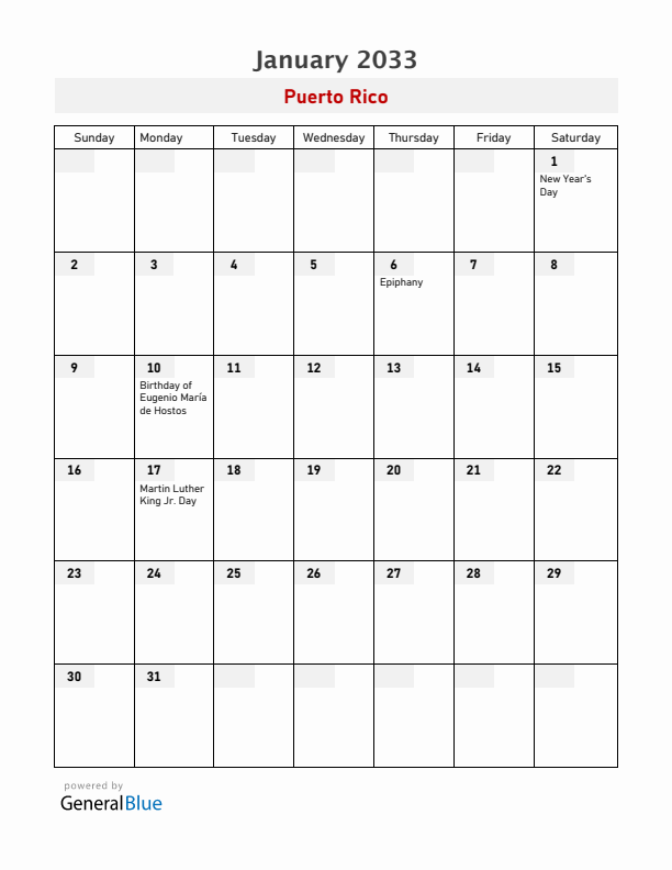 Puerto Rico January 2033 Calendar with Holidays